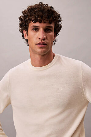 Erkek Regular Fit Merinos Yünü Triko Kazak - Krem | L