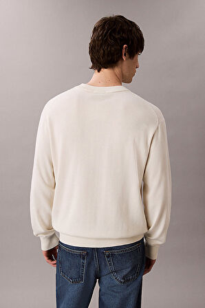 Erkek Relaxed Fit Monogram Nakışlı Bisiklet Yaka Kazak - Krem | S