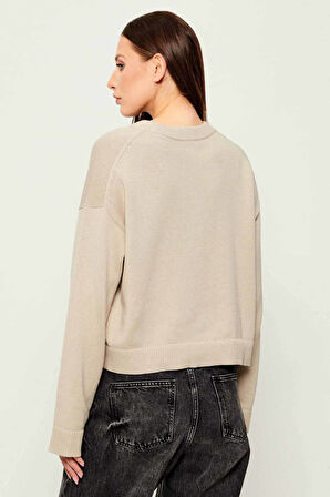 Kadın Bisiklet Yaka Regular Fit Kısa Kazak - Bej | M