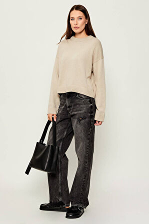 Kadın Bisiklet Yaka Regular Fit Kısa Kazak - Bej | M