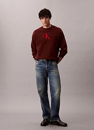 Calvin Klein Jeans Bisiklet Yaka Relaxed Düz Bordo Erkek Kazak LV04RD305GXWI LS CTTN CASHMERE 3D L
