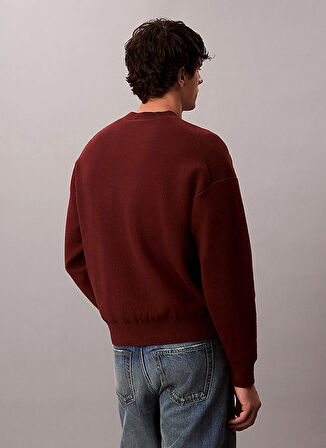Calvin Klein Jeans Bisiklet Yaka Relaxed Düz Bordo Erkek Kazak LV04RD305GXWI LS CTTN CASHMERE 3D L