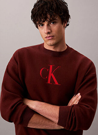 Calvin Klein Jeans Bisiklet Yaka Relaxed Düz Bordo Erkek Kazak LV04RD305GXWI LS CTTN CASHMERE 3D L