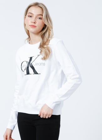 Calvin Klein Jeans Bisiklet Yaka   Normal Kalıp  Beyaz Kadın Sweatshirt J20J219140YAF