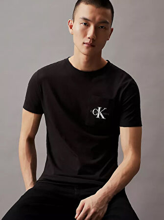 Erkek Slim Monogram Pocket T-shirt - Siyah  | XS