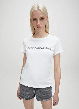 Calvin Klein Jeans Bisiklet Yaka Baskılı Beyaz Kadın T-Shirt CORE INSTIT LOGO SLIM FIT TEE