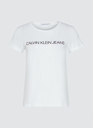 Calvin Klein Jeans Bisiklet Yaka Baskılı Beyaz Kadın T-Shirt CORE INSTIT LOGO SLIM FIT TEE