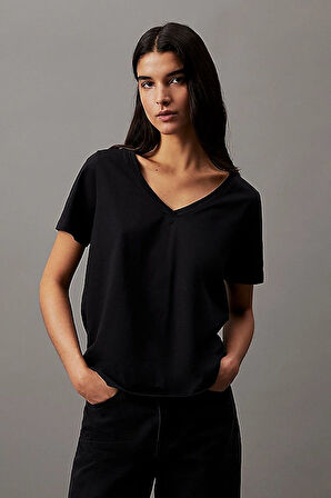Kadın Smooth V Neck T-Shirt - Siyah | M