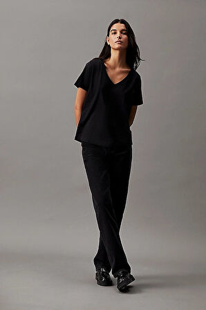 Kadın Smooth V Neck T-Shirt - Siyah | M