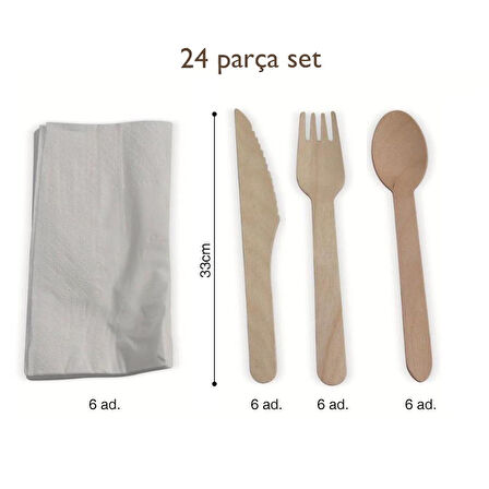 Ahşap Çatal Bıçak Seti Peçeteli 24 Parça 6 Kişilik