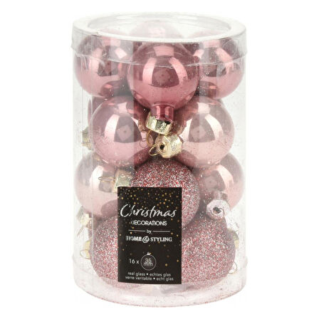 Yılbaşı Topu Cam Simli Mat Parlak Pembe Renk 16 Adet Çap 3,5cm