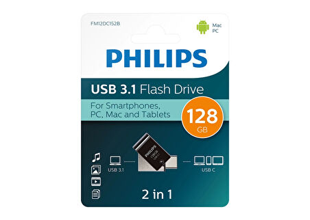 Flash Bellek 128 GB Mini Usb Ve Type-C 3.1 Philips Gece Siyahı