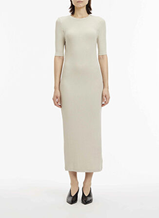 Calvin Klein Bisiklet Yaka Bej Midi Kadın Elbise K20K205277ACN
