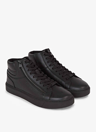Calvin Klein Siyah Erkek Deri Sneaker HIGH TOP LACE UP W/ZIP RUBB