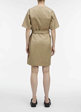 Calvin Klein Bisiklet Yaka Düz Bej Diz Üstü Kadın Elbise PAMUK LINEN BELTED SHIFT DRESS