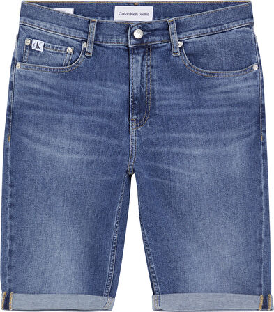 Erkek Marka Logolu Şık Görünüşlü Kot Denim Kumaş Kısa Kapri Pantolon Mavi Kot Şort J30J324874-1A4
