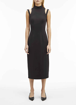 Calvin Klein Dik Yaka Düz Siyah Uzun Kadın Elbise TECHNICAL KNIT CUT OUT DRESS