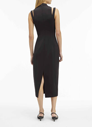 Calvin Klein Dik Yaka Düz Siyah Uzun Kadın Elbise TECHNICAL KNIT CUT OUT DRESS