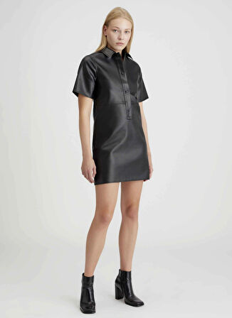 Calvin Klein Jeans Gömlek Yaka Düz Siyah Kısa Kadın Elbise FAUX LEATHER SHORT SLEEVE DRESS