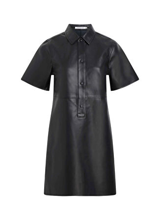 Calvin Klein Jeans Gömlek Yaka Düz Siyah Kısa Kadın Elbise FAUX LEATHER SHORT SLEEVE DRESS