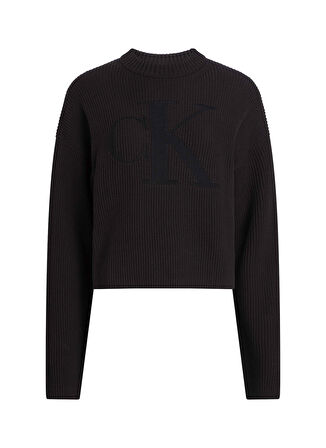 Calvin Klein Jeans Dik Yaka Standart Nakışlı Siyah Kazak Kadın LOGO INTARSIA REGULAR SWEATER