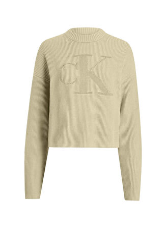 Calvin Klein Jeans Dik Yaka Standart Nakışlı Bej Kazak Kadın LOGO INTARSIA REGULAR SWEATER