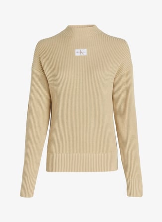 Calvin Klein Jeans Dik Yaka Standart Nakışlı Bej Kazak Kadın WOVEN LABEL LOOSE SWEATER