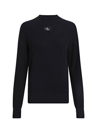 Calvin Klein Jeans Dik Yaka Standart Nakışlı Siyah Kazak Kadın WOVEN LABEL LOOSE SWEATER