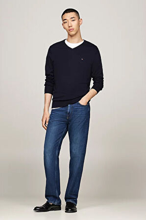 Erkek V Yaka Bayrak Nakışlı Kazak - Lacivert | M