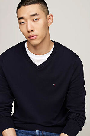 Erkek V Yaka Bayrak Nakışlı Kazak - Lacivert | M