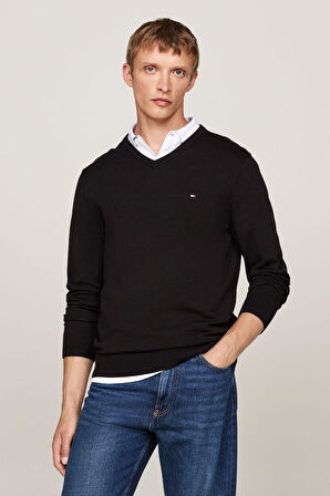 Erkek Regular Fit V Yaka Pamuklu Triko Kazak - Siyah | XS