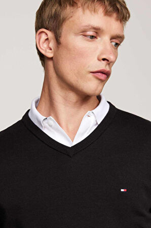 Erkek Regular Fit V Yaka Pamuklu Triko Kazak - Siyah | XS