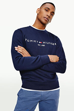 TOMMY HILFIGER Erkek Göğüste Marka Logolu ve Marka İmzalı Bisiklet Yakalı Organik Pamuklu Kollarda Marka Bayrak Detaylı Lacivert Sweatshirt MW0MW11596 DW5