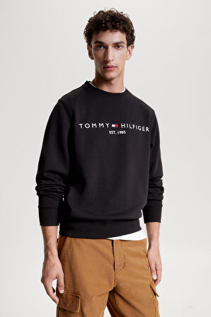 TOMMY HILFIGER Erkek Göğüste Marka Logolu ve Marka İmzalı Bisiklet Yakalı Organik Pamuklu Kollarda Marka Bayrak Detaylı Siyah Sweatshirt MW0MW11596 BDS