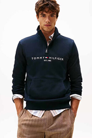 Erkek Tommy Logo Mockneck Fermuarlı Sweatshirt - Lacivert | XS
