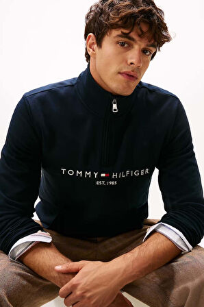 Erkek Tommy Logo Mockneck Fermuarlı Sweatshirt - Lacivert | XS