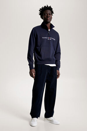 TOMMY HILFIGER Erkek Göğüste Ve Kolda Kolda Marka Logolu Yarım Fermuarlı Organik Pamuklu Dik Yakalı Lacivert Sweatshirt MW0MW20954 DW5