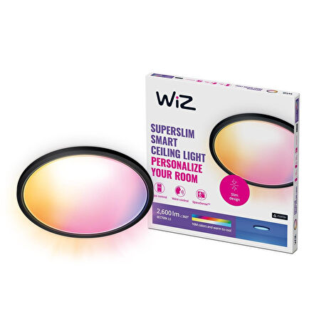 Wiz SuperSlim 22W Siyah Sıva Üstü RGB Akıllı LED Yuvarlak Panel Tavan Armatürü 42 cm çapında 2600 Lumen