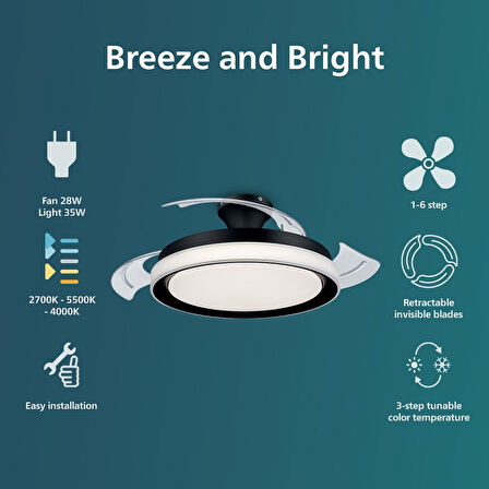 Philips Bliss Tavan Vantilatörü Açılır/Kapanır Kanatlı, Kumandalı, Sarı/Beyaz Işık, Siyah Renk, 28W+35W
