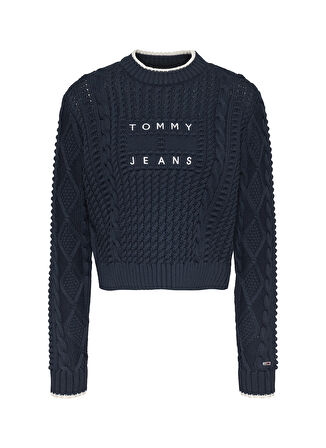 Tommy Jeans Yuvarlak Yaka Standart Nakışlı Lacivert Kazak Kadın TJW BUBBLE CABLE FLAG CREW