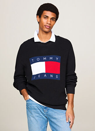 Tommy Jeans Bisiklet Yaka Regular Fit Baskılı Siyah Erkek Kazak DM0DM19186BDS REG DNA FLAG SWEATER