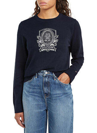 Tommy Hilfiger Yuvarlak Yaka Standart Nakışlı Lacivert Kazak Kadın CREST GRAPHIC C-NK SWEATER