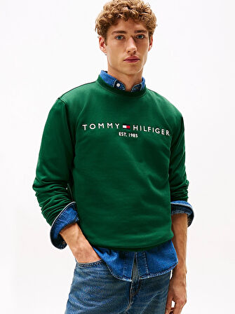 TOMMY HILFIGER Erkek Göğüste Marka Logolu ve Marka İmzalı Bisiklet Yakalı Organik Pamuklu Kollarda Marka Bayrak Detaylı Yeşil Sweatshirt MW0MW11596 L6K