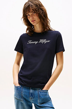Kadın Th Script Logo Regular T-Shirt - Lacivert | XS