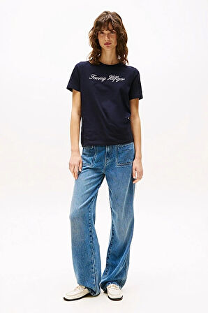 Kadın Th Script Logo Regular T-Shirt - Lacivert | XS