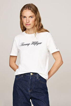 Kadın Th Script Logo Regular T-Shirt - Ekru | XS