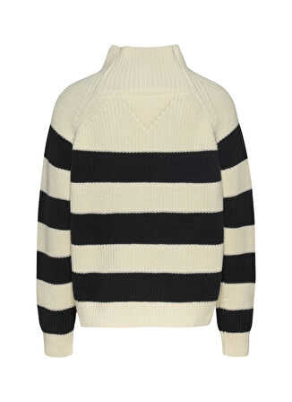 Tommy Jeans Dik Yaka Standart Çizgili Bej - Siyah Kazak Kadın TJW STRIPE MOCKNCK BADGE SWEATER