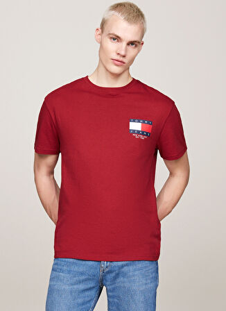 Tommy Jeans Bisiklet Yaka Baskılı Kırmızı Erkek T-Shirt DM0DM19695XIT REG RWB SIG FLAG TEE