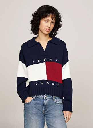 Tommy Jeans Gömlek Yaka Standart Çizgili Lacivert Kazak Kadın TJW RWB FLAG RUGBY SWEATER EXT