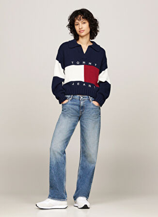 Tommy Jeans Gömlek Yaka Standart Çizgili Lacivert Kazak Kadın TJW RWB FLAG RUGBY SWEATER EXT